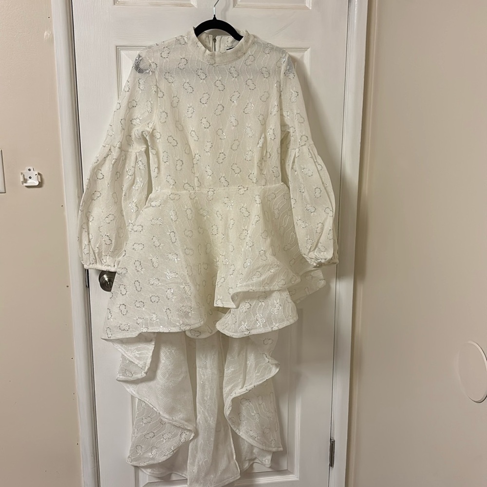 Cream w/ silver detail Lace High-Low Dress – Plus Size Elegant Party Dress (XL) - Picture 3 of 15